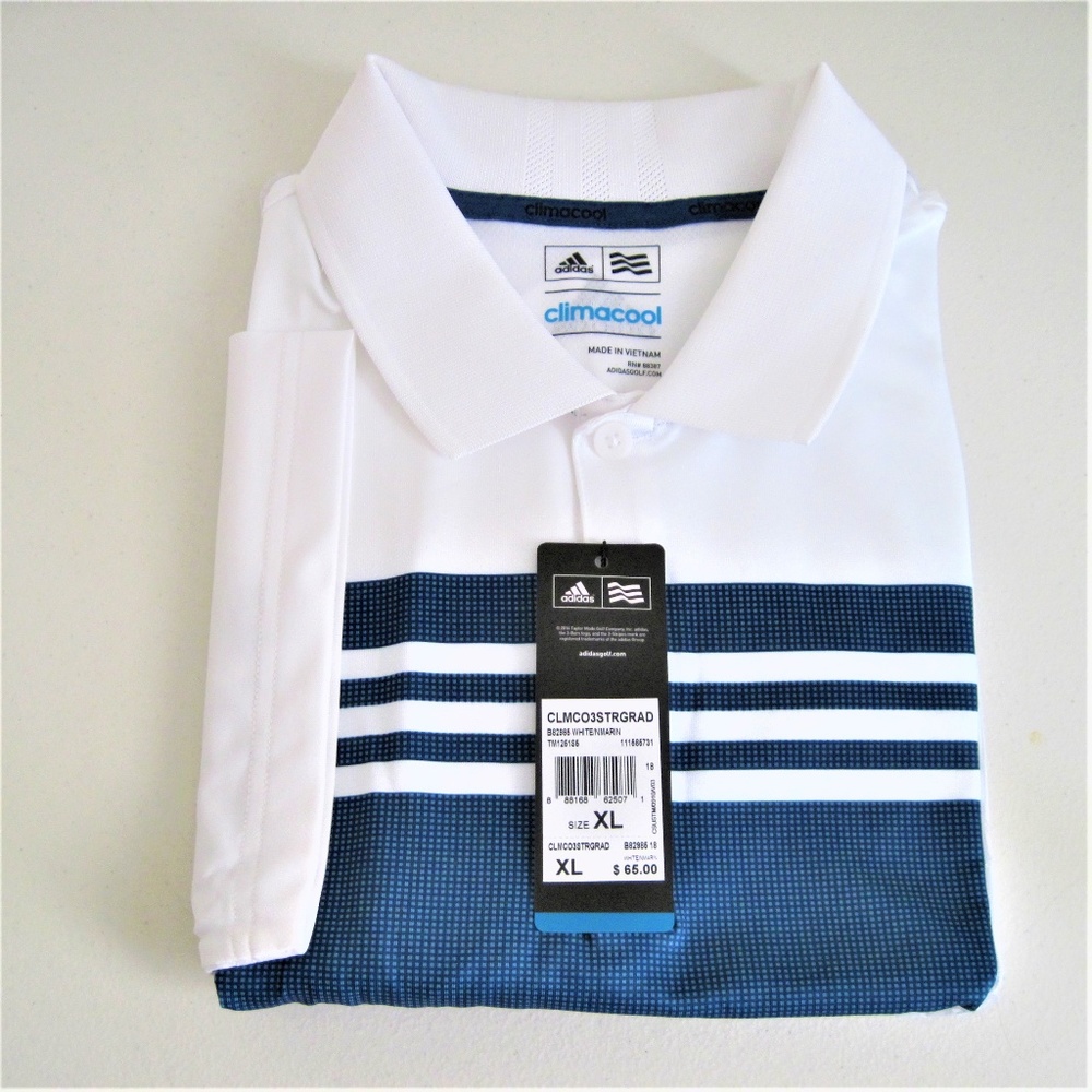 Mens NWT Adidas Golf/Sport Shirt Blue/White XL